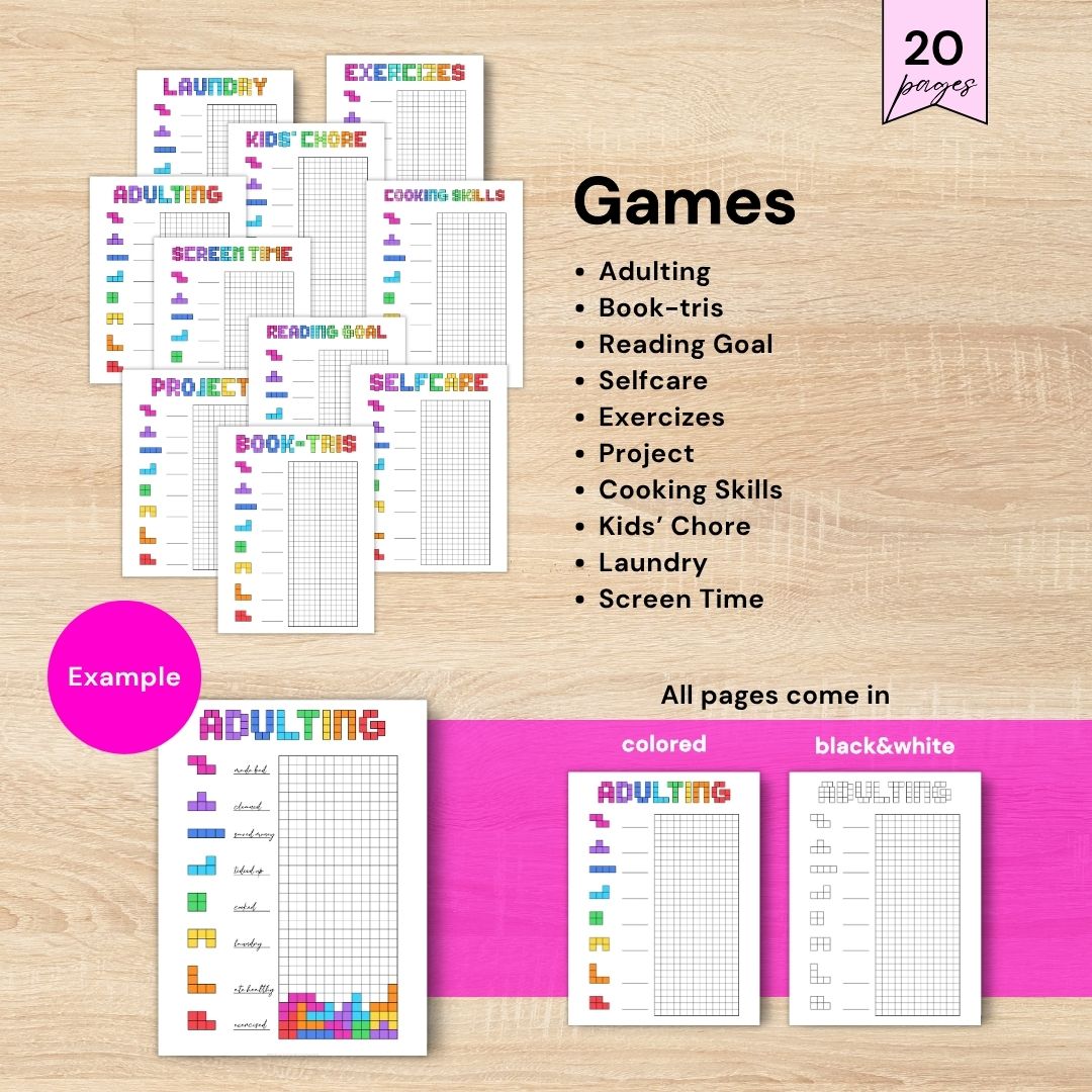 Adulting pixel games printable journal pages, Book-tris, reading goal, self-care, exerciizes, projects and daily habits