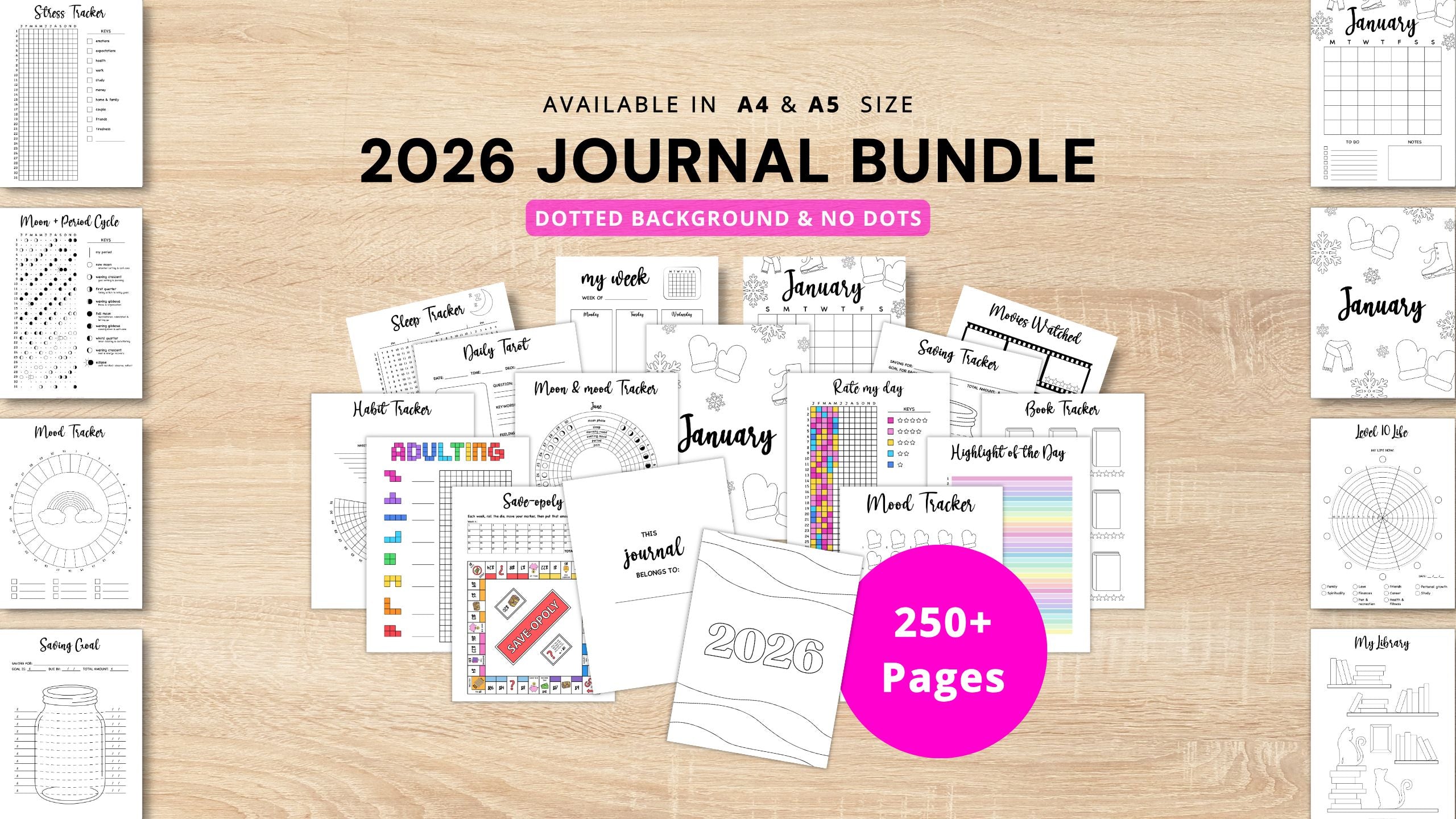 Printable journal bundle with planners, trackers, habits, coloring pages and over 250 printable pages