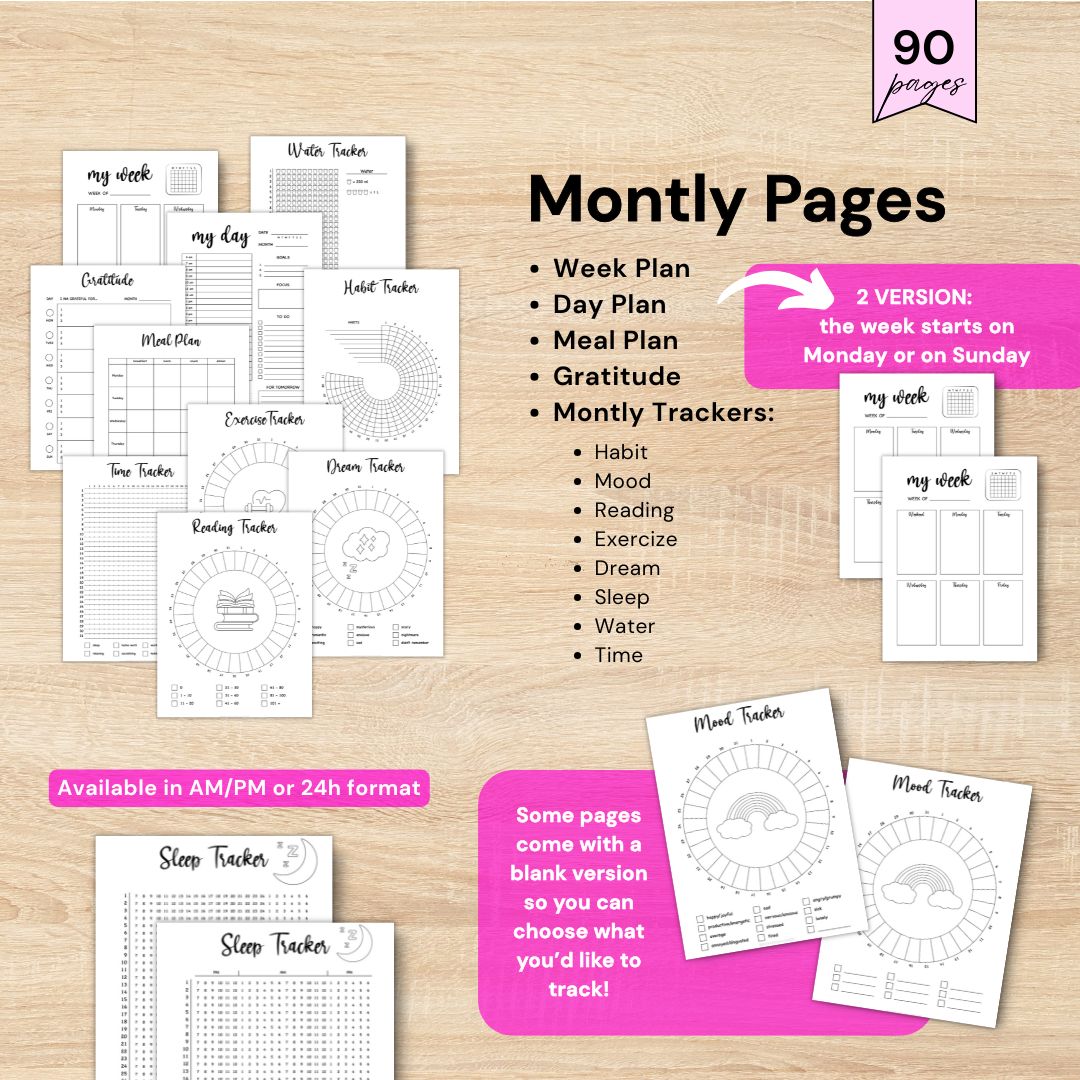 Printable journal 2026 Weekly and daily planner pages with meal planner, gratitude journal and habit trackers