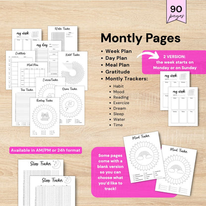 Printable journal 2026 Weekly and daily planner pages with meal planner, gratitude journal and habit trackers
