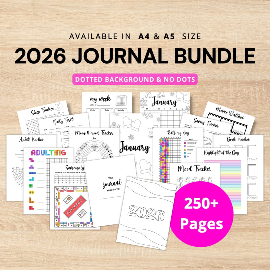 Printable journal bundle 2026 with planners, trackers, habits, coloring pages and over 250 printable pages