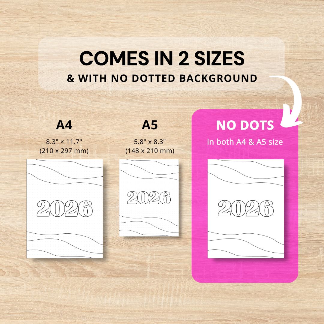 Printable journal 2026 covers available in A4 and A5 formats with dotted and plain versions