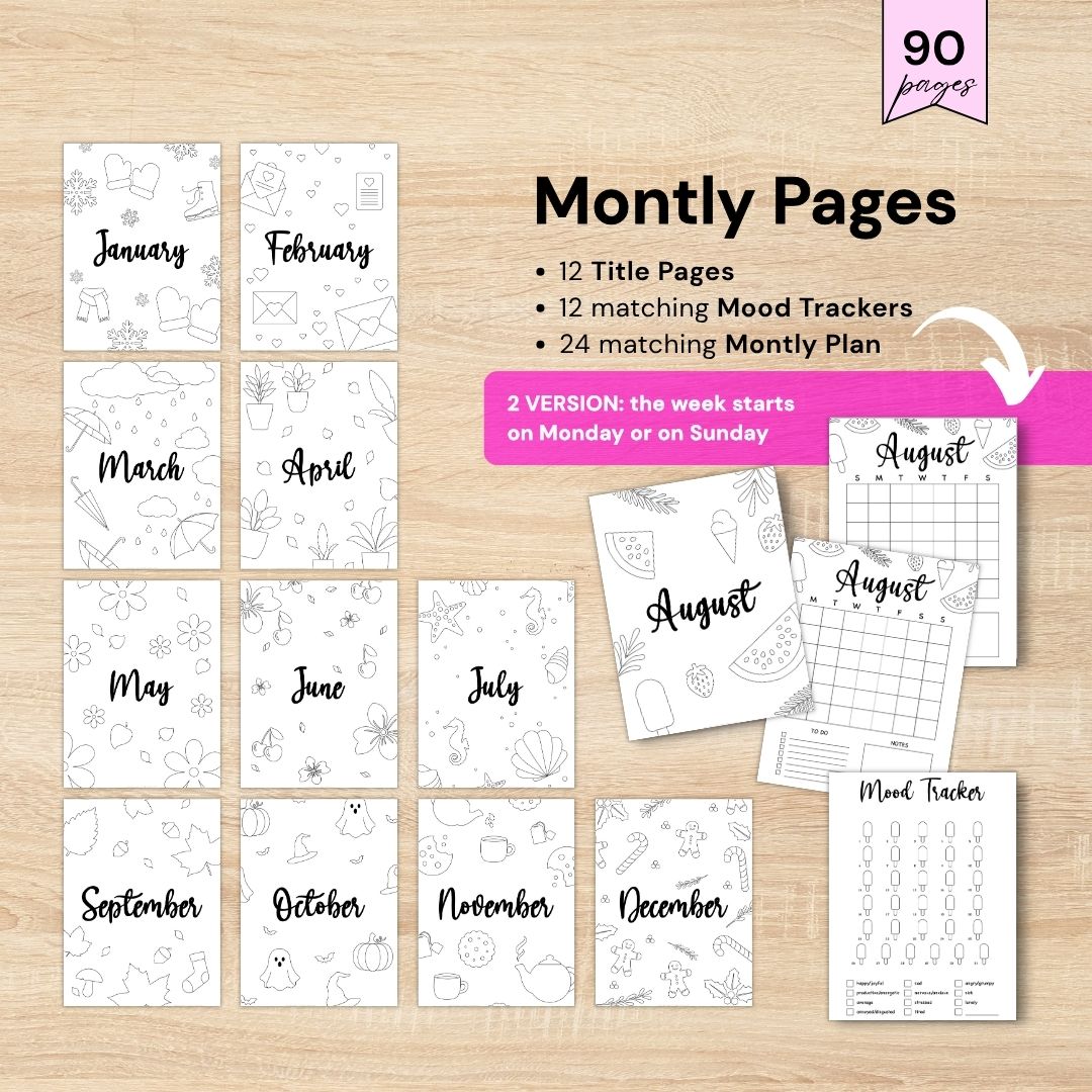 Printable journal 2026 Monthly planner pages with mood tracker and monthly planning layout
