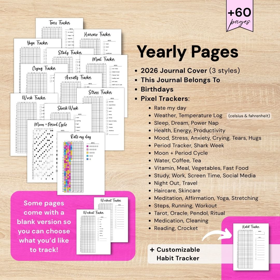 Printable journal 2026 Yearly planner pages with Year in Pixels mood tracker