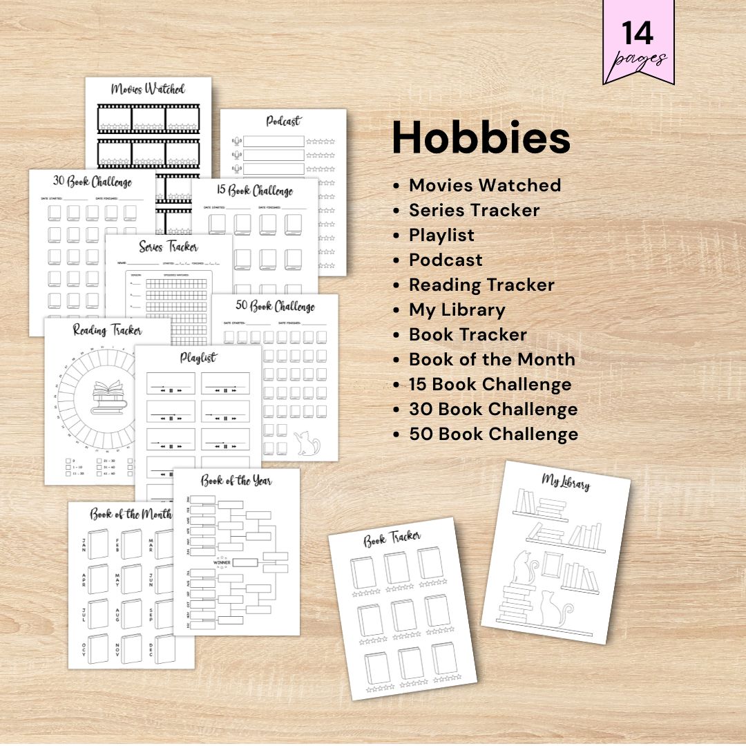 Reading, movies, TV series, podcast and hobby tracker printable journal pages