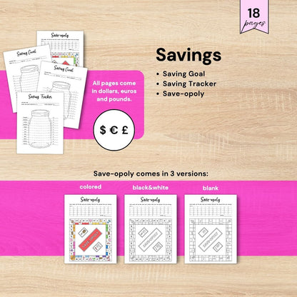 Savings goal, savings tracker and financial planning printable journal pages
