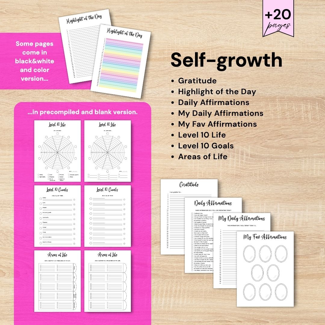 Self-growth printable journal pages with gratitude, affirmations and life goals