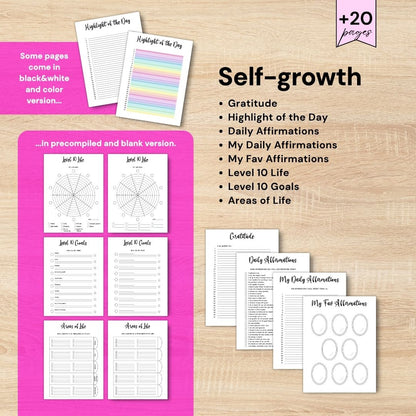 Self-growth printable journal pages with gratitude, affirmations and life goals