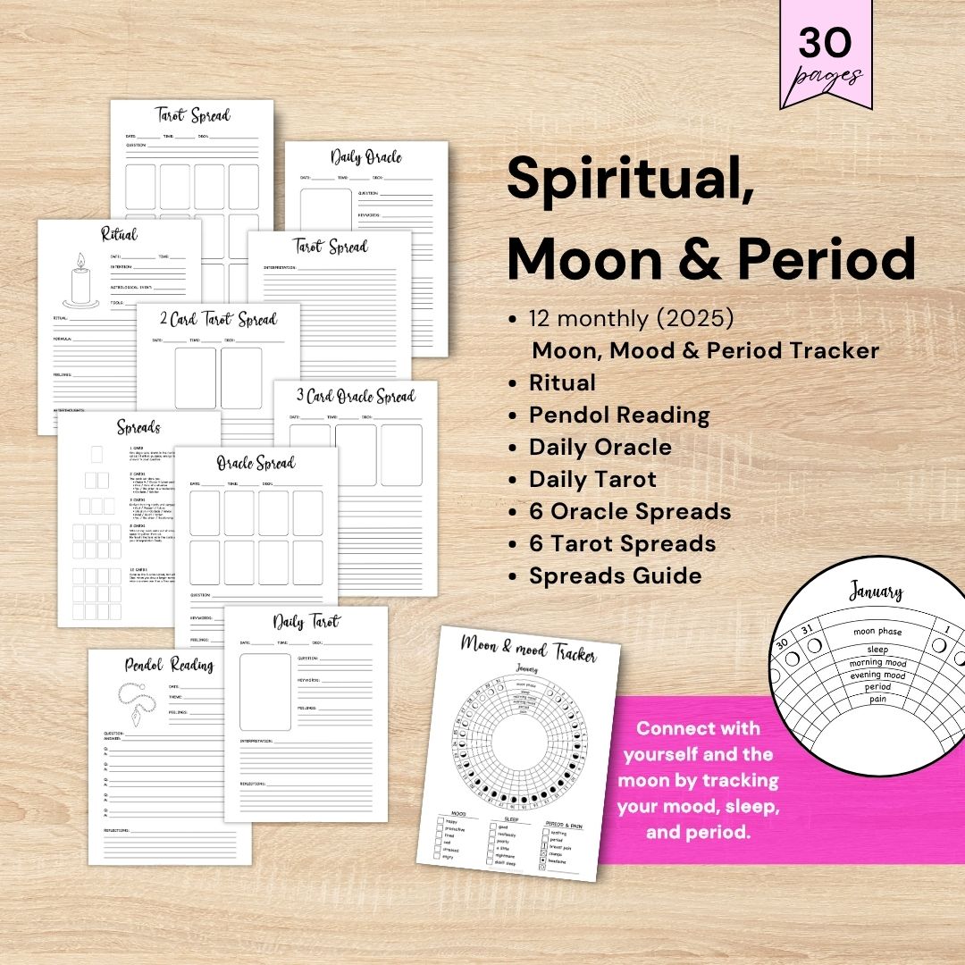Spiritual journal printable pages with moon tracker, tarot spreads, oracle spreads and rituals